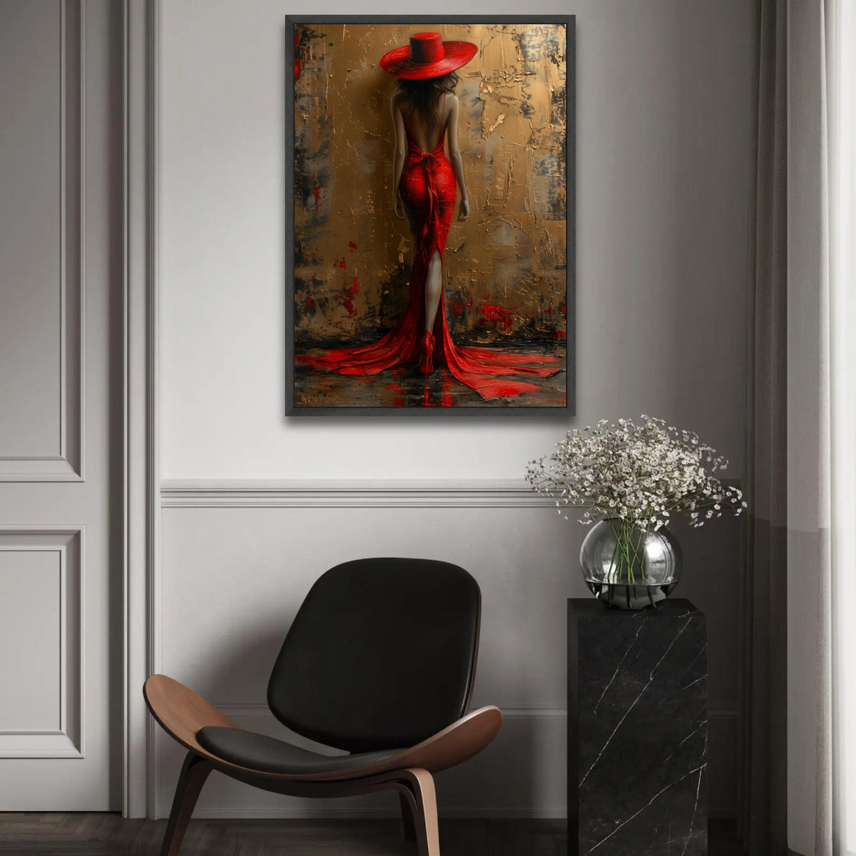 Elegant Woman in Red Dress and Hat Canvas, Glamour Fashion Wall Art, Back View Portrait Painting, Modern Home Ready To Hang Decoration