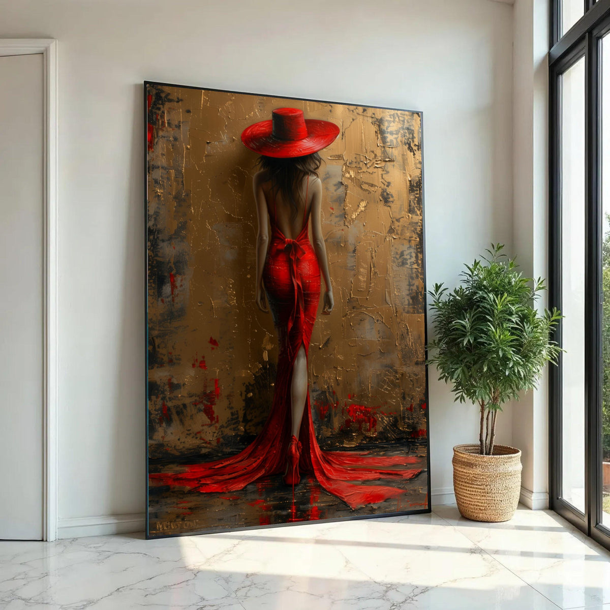 Elegant Woman in Red Dress and Hat Canvas, Glamour Fashion Wall Art, Back View Portrait Painting, Modern Home Ready To Hang Decoration