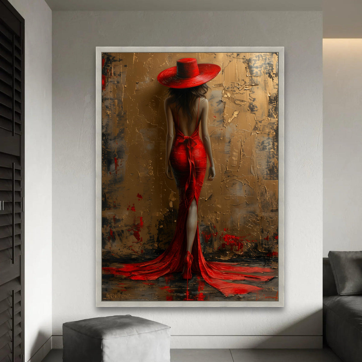 Elegant Woman in Red Dress and Hat Canvas, Glamour Fashion Wall Art, Back View Portrait Painting, Modern Home Ready To Hang Decoration