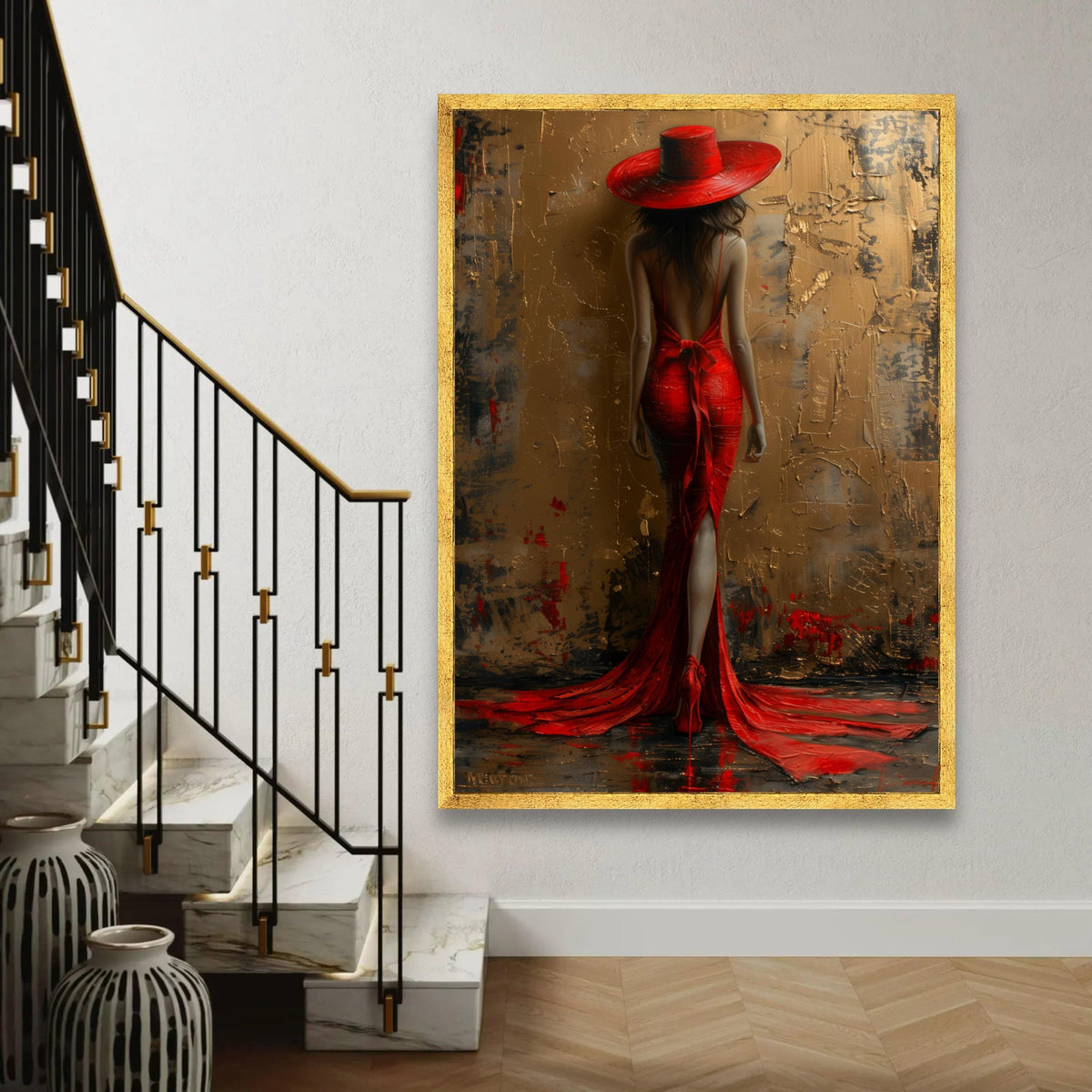Elegant Woman in Red Dress and Hat Canvas, Glamour Fashion Wall Art, Back View Portrait Painting, Modern Home Ready To Hang Decoration