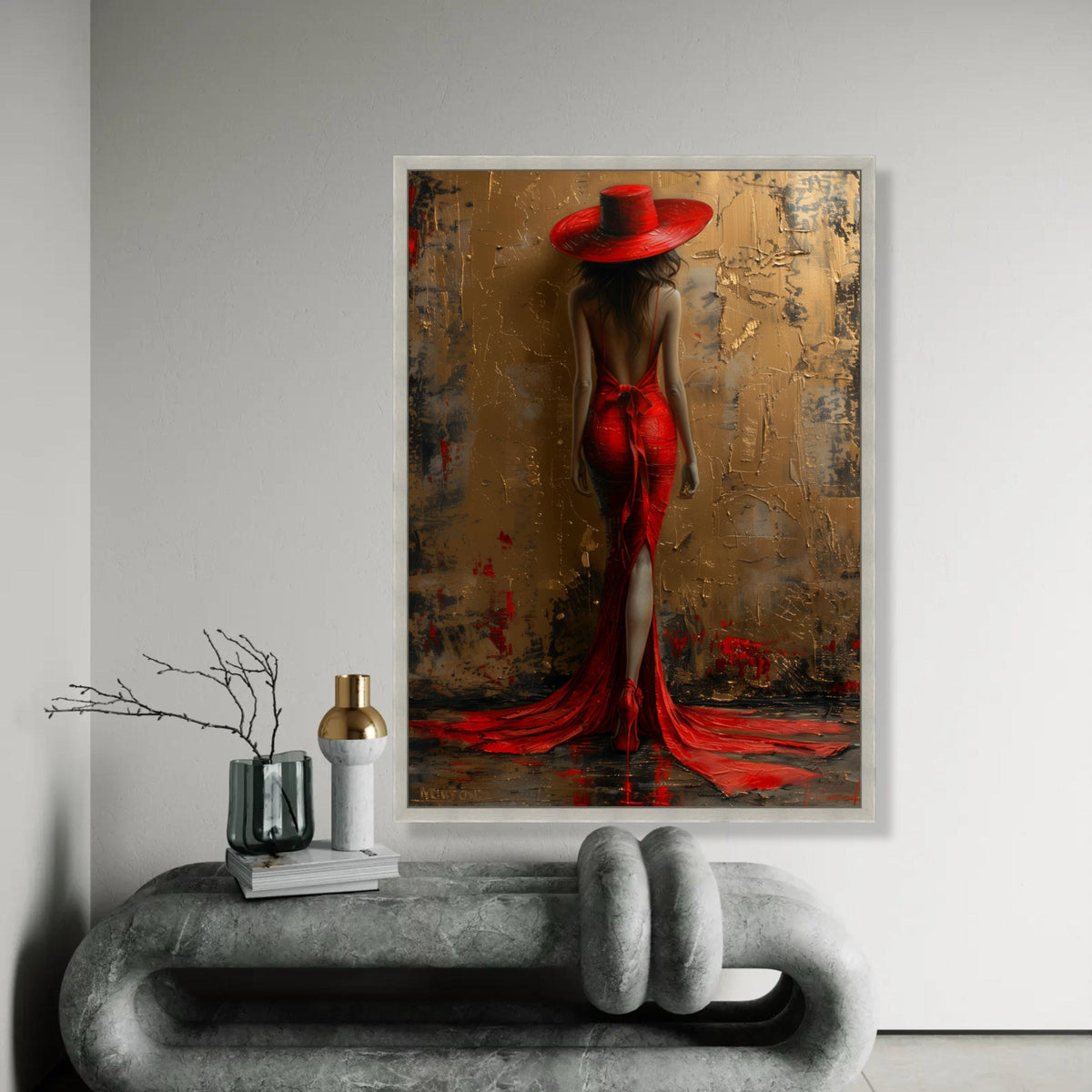 Elegant Woman in Red Dress and Hat Canvas, Glamour Fashion Wall Art, Back View Portrait Painting, Modern Home Ready To Hang Decoration