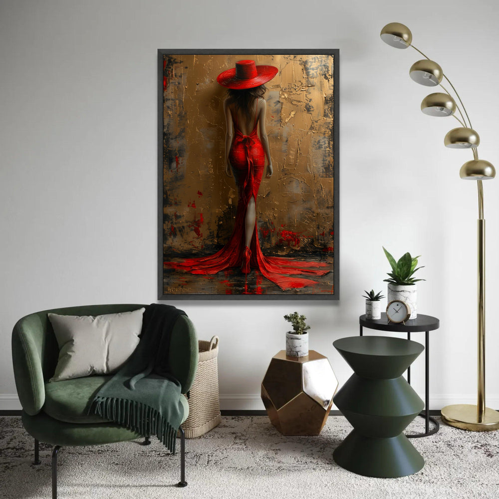Elegant Woman in Red Dress and Hat Canvas, Glamour Fashion Wall Art, Back View Portrait Painting, Modern Home Ready To Hang Decoration