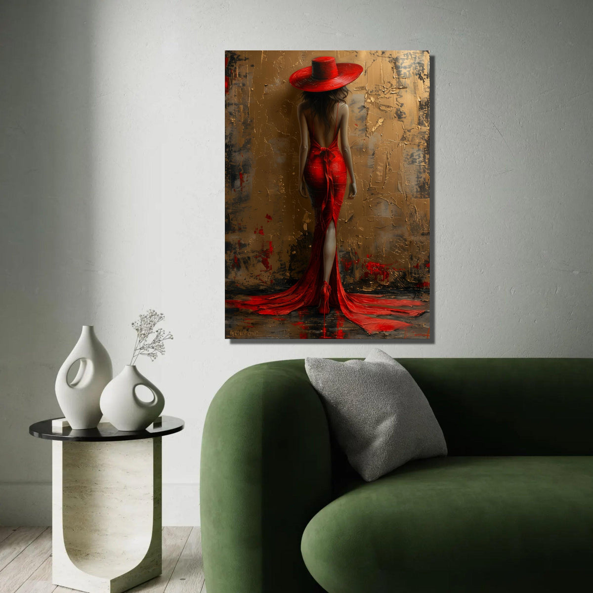 Elegant Woman in Red Dress and Hat Canvas, Glamour Fashion Wall Art, Back View Portrait Painting, Modern Home Ready To Hang Decoration