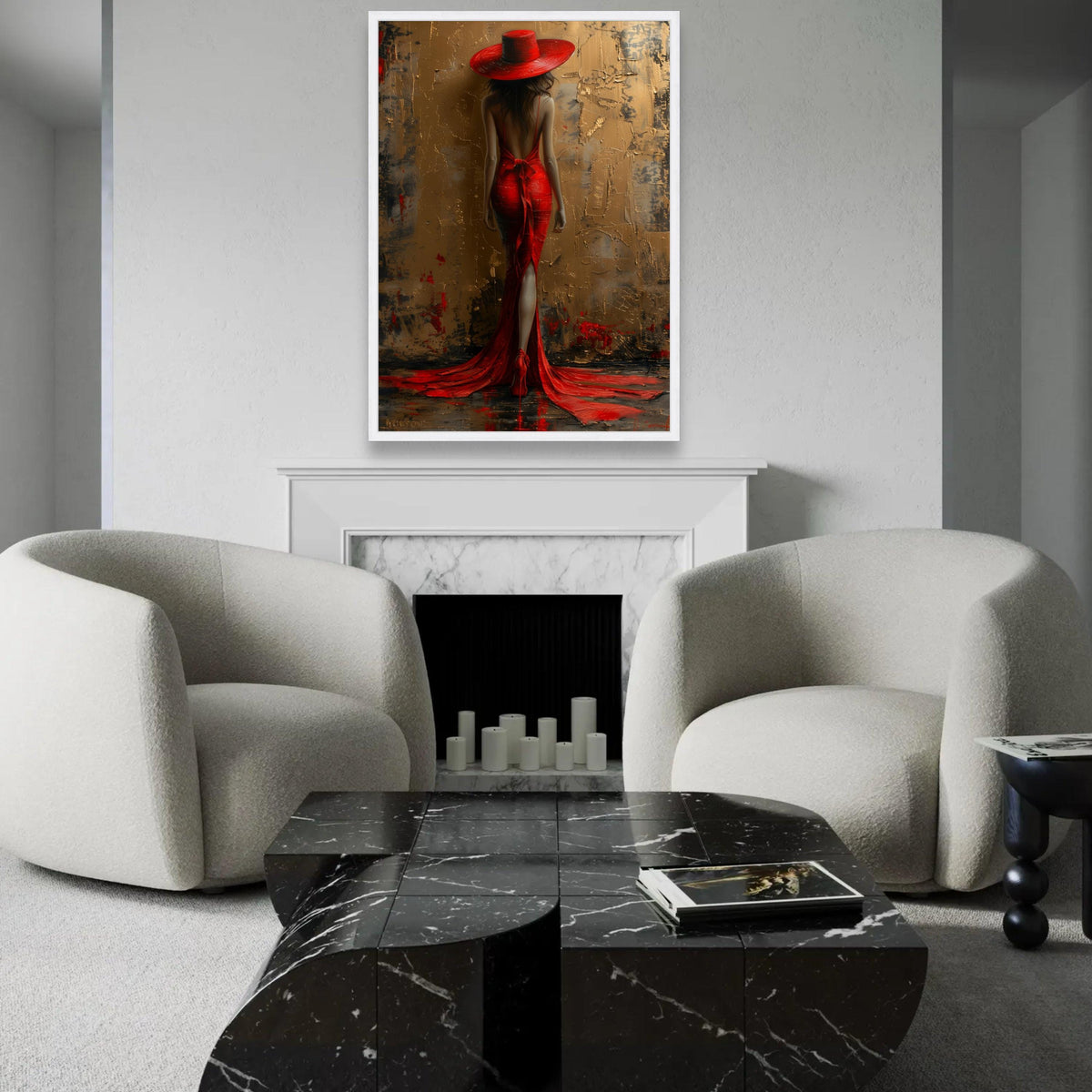 Elegant Woman in Red Dress and Hat Canvas, Glamour Fashion Wall Art, Back View Portrait Painting, Modern Home Ready To Hang Decoration