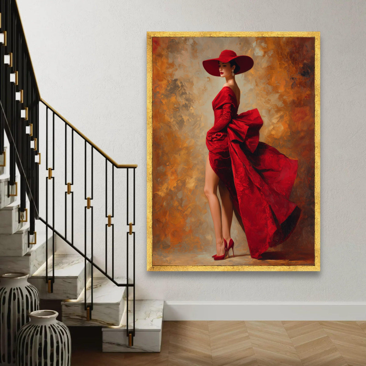 Elegant Woman in Red Dress Canvas, Fashion Wall Art, Glamorous Lady Portrait, Haute Couture Canvas, Stylish Home Ready To Hang Decoration