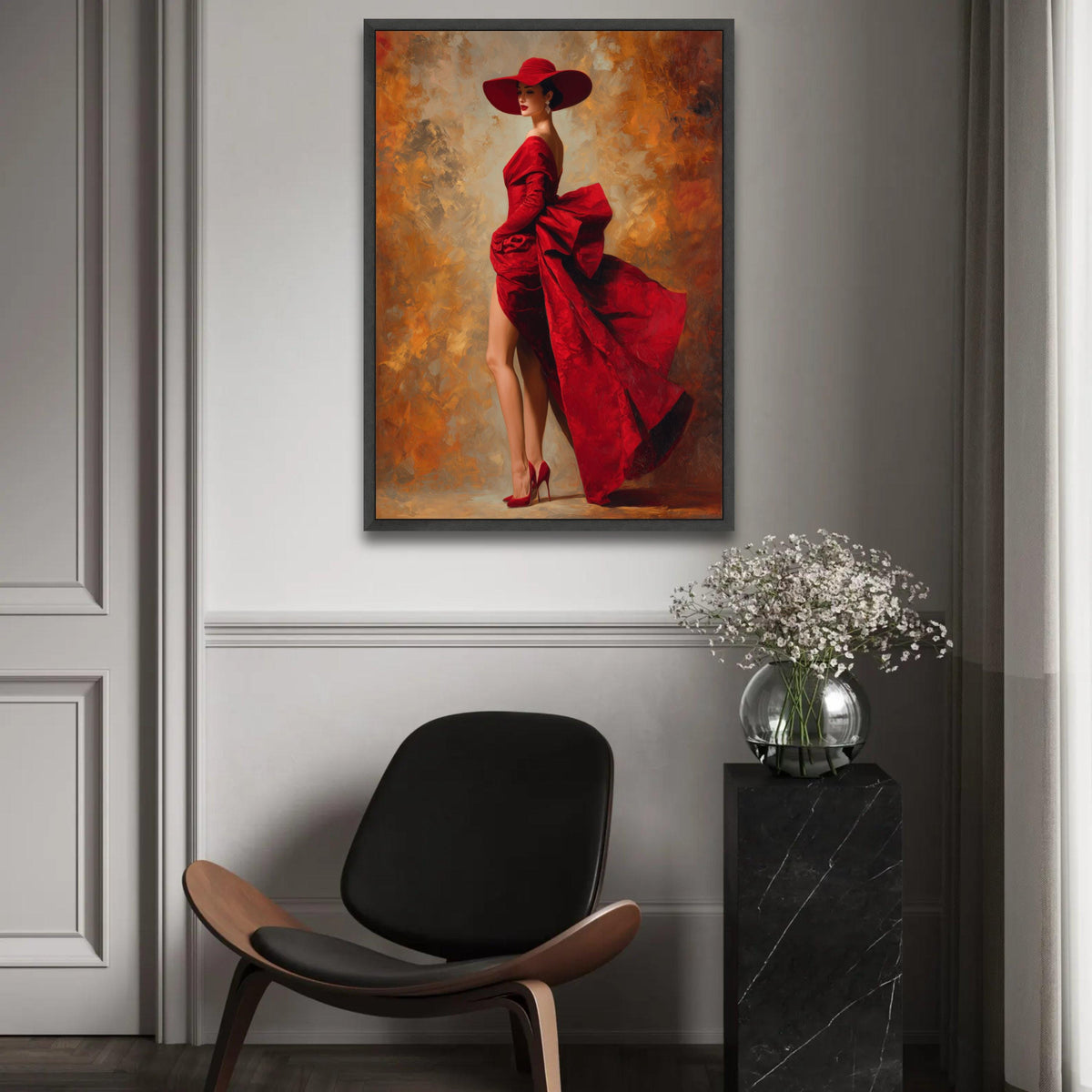 Elegant Woman in Red Dress Canvas, Fashion Wall Art, Glamorous Lady Portrait, Haute Couture Canvas, Stylish Home Ready To Hang Decoration