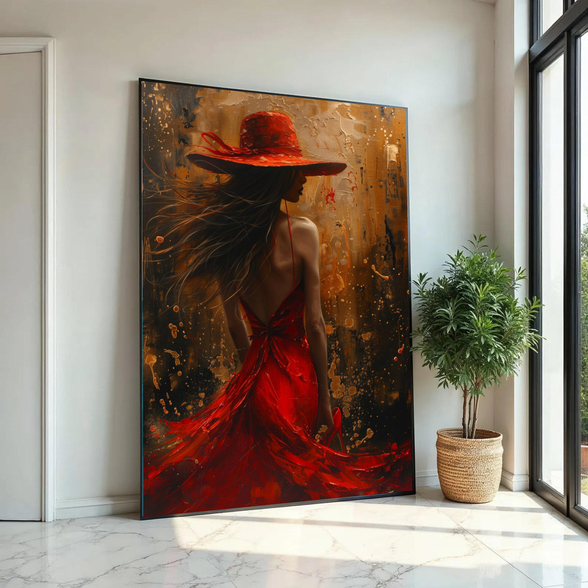 Elegant Woman in Red Dress and Hat Canvas, Abstract Female Portrait Wall Art, Fashion Illustration Canvas, Modern Ready To Hang Decoration