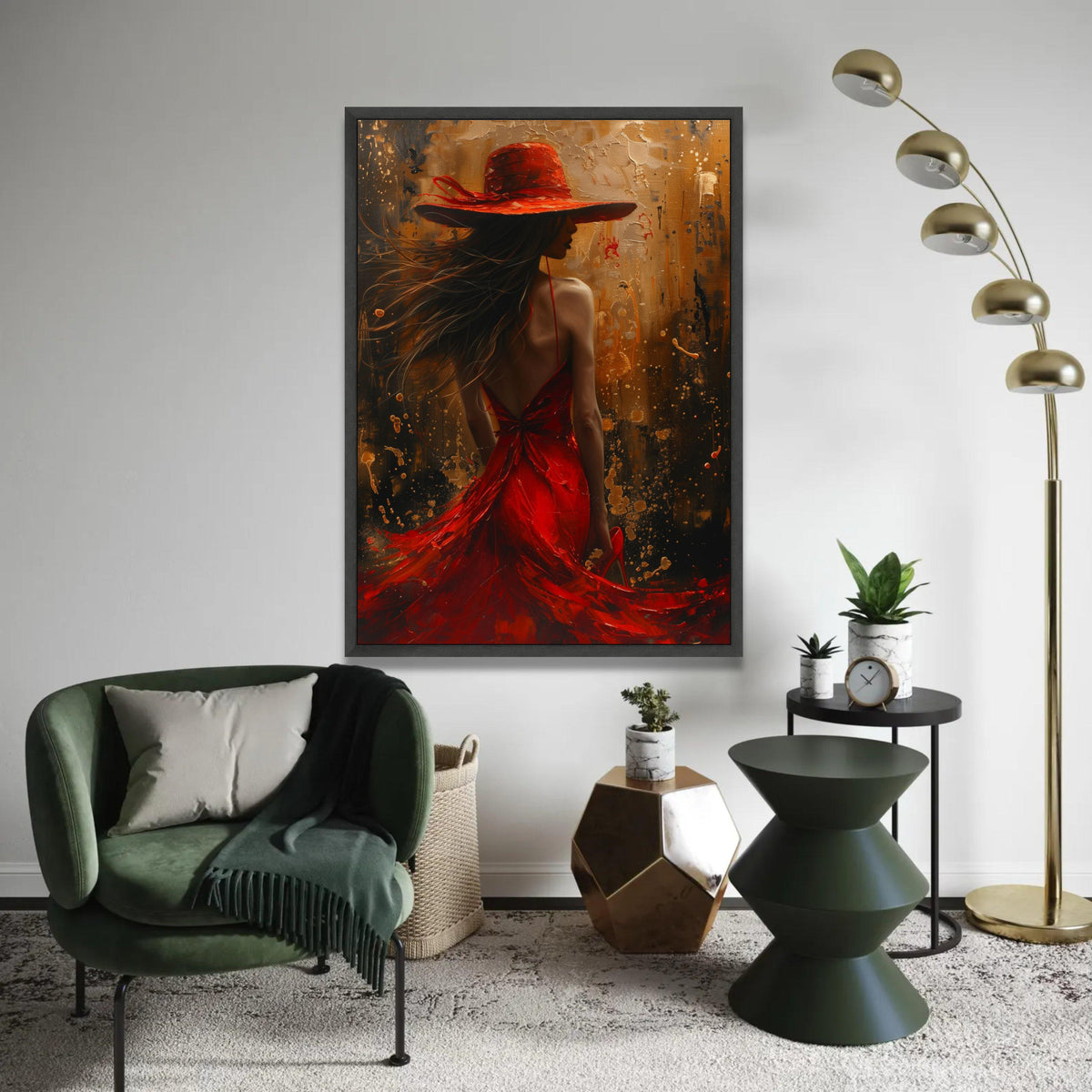 Elegant Woman in Red Dress and Hat Canvas, Abstract Female Portrait Wall Art, Fashion Illustration Canvas, Modern Ready To Hang Decoration