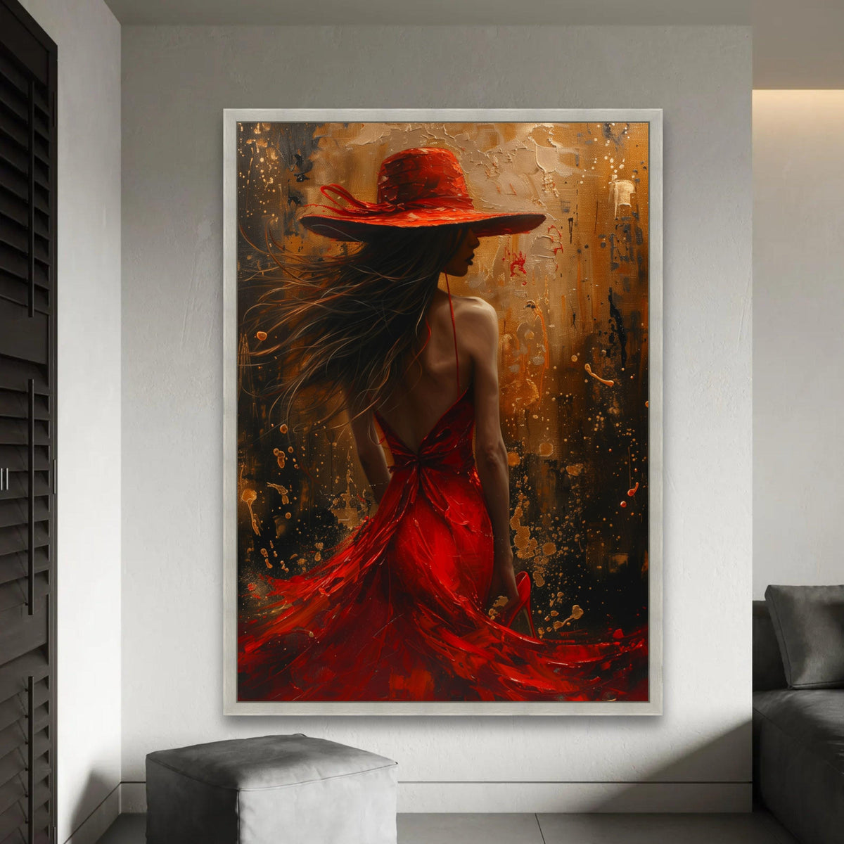 Elegant Woman in Red Dress and Hat Canvas, Abstract Female Portrait Wall Art, Fashion Illustration Canvas, Modern Ready To Hang Decoration