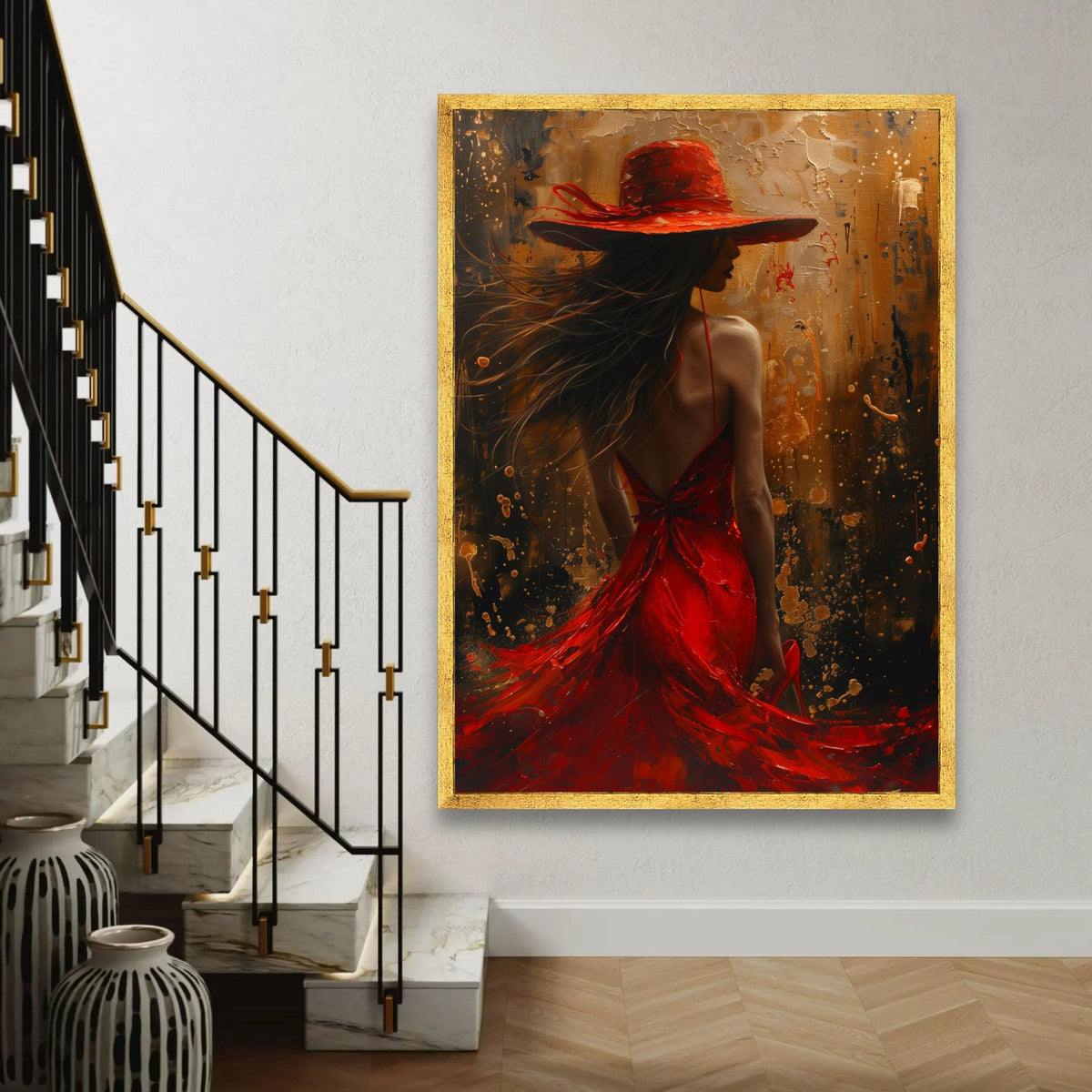 Elegant Woman in Red Dress and Hat Canvas, Abstract Female Portrait Wall Art, Fashion Illustration Canvas, Modern Ready To Hang Decoration