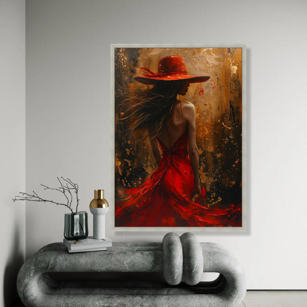Elegant Woman in Red Dress and Hat Canvas, Abstract Female Portrait Wall Art, Fashion Illustration Canvas, Modern Ready To Hang Decoration