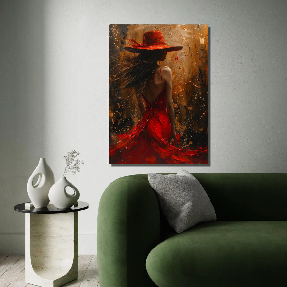 Elegant Woman in Red Dress and Hat Canvas, Abstract Female Portrait Wall Art, Fashion Illustration Canvas, Modern Ready To Hang Decoration