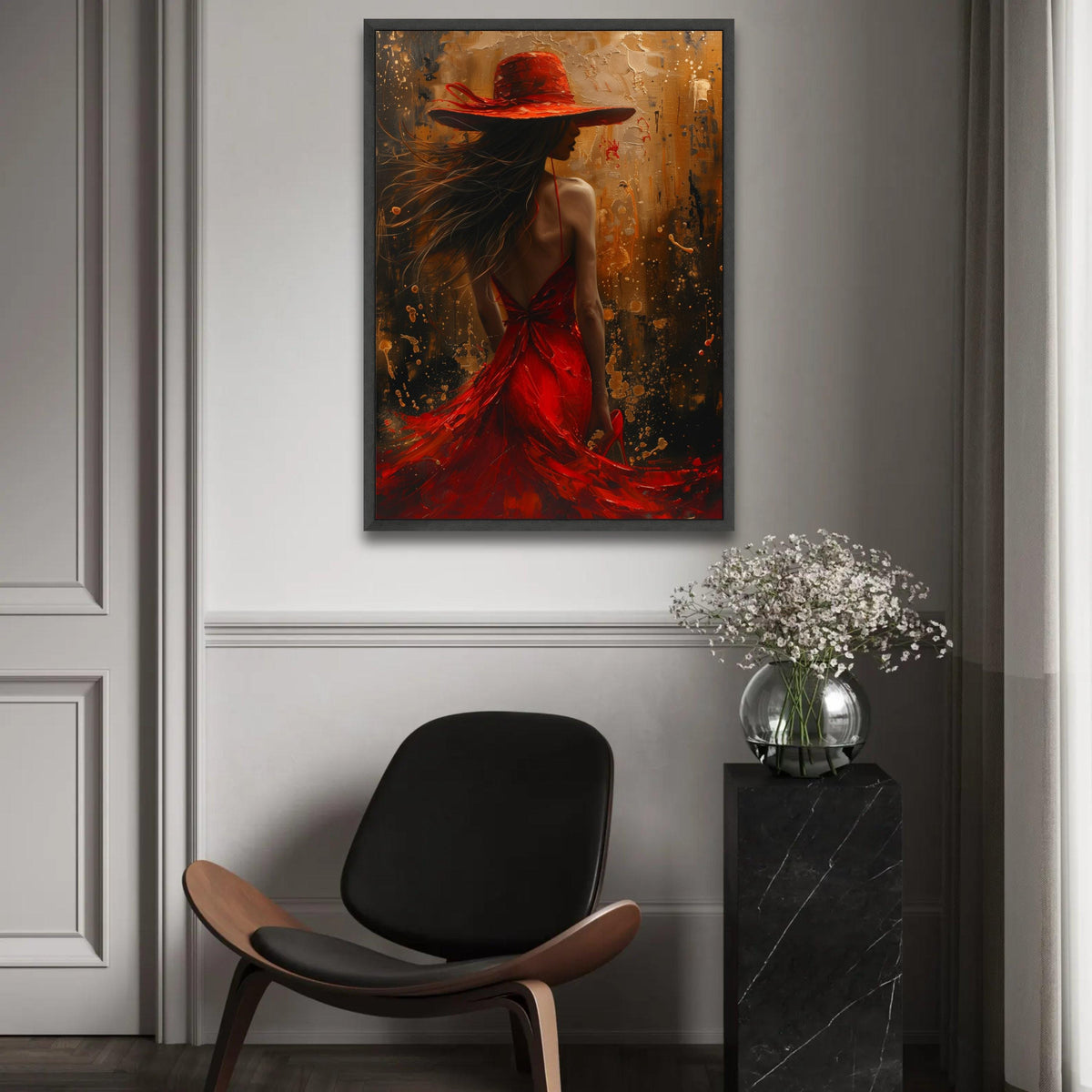 Elegant Woman in Red Dress and Hat Canvas, Abstract Female Portrait Wall Art, Fashion Illustration Canvas, Modern Ready To Hang Decoration