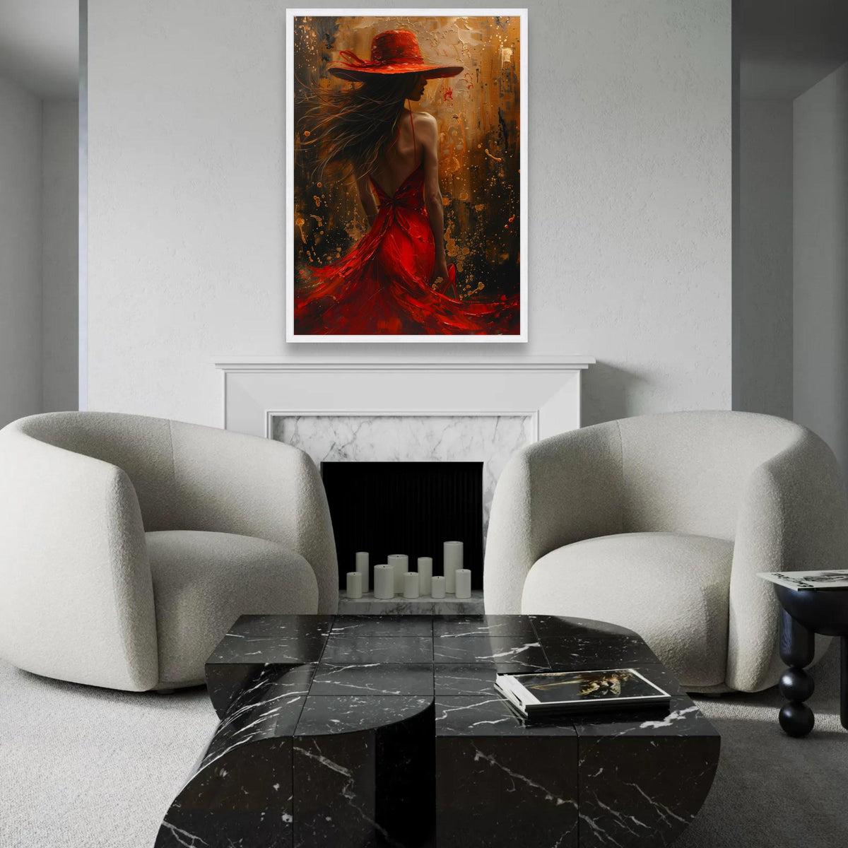 Elegant Woman in Red Dress and Hat Canvas, Abstract Female Portrait Wall Art, Fashion Illustration Canvas, Modern Ready To Hang Decoration
