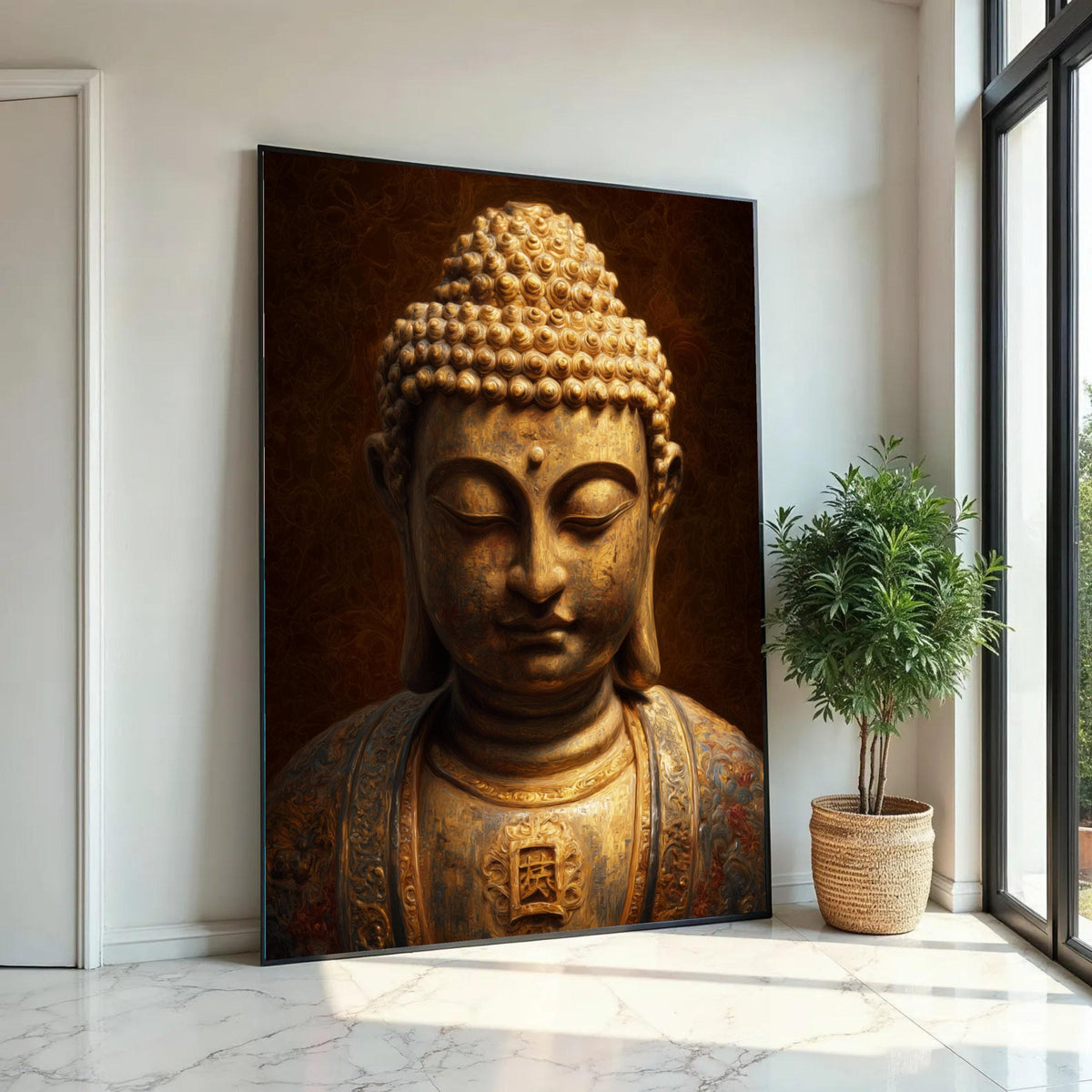 Golden Buddha Statue Canvas Wall Art, Asian Spiritual Decor, Meditation Art Print, Tranquil Zen Canvas, Sacred Ready To Hang Decoration