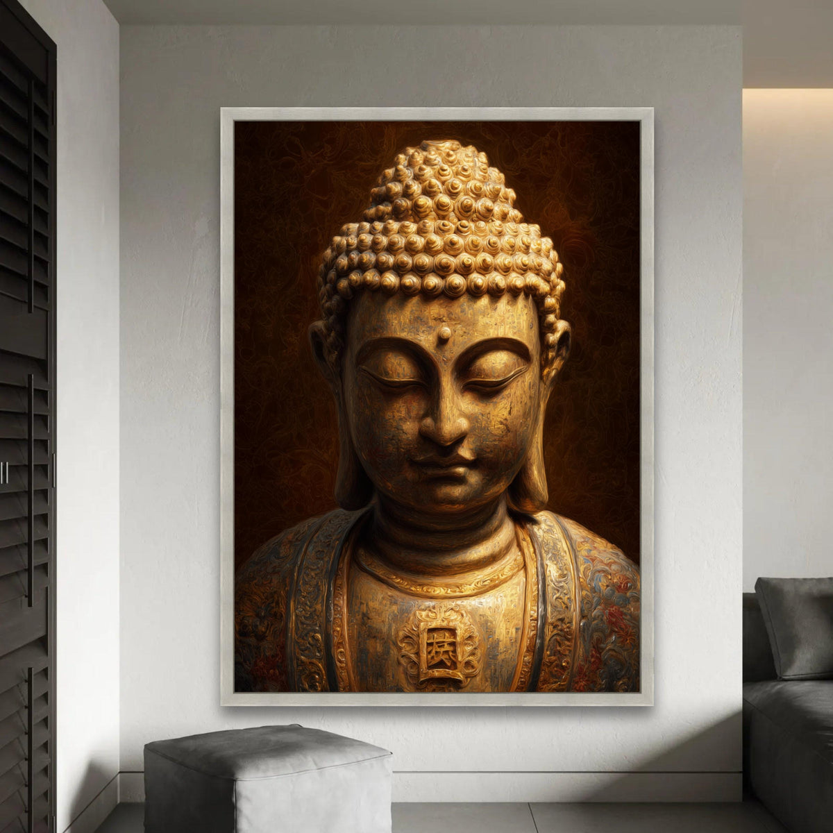 Golden Buddha Statue Canvas Wall Art, Asian Spiritual Decor, Meditation Art Print, Tranquil Zen Canvas, Sacred Ready To Hang Decoration