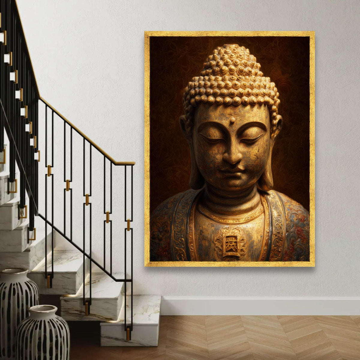 Golden Buddha Statue Canvas Wall Art, Asian Spiritual Decor, Meditation Art Print, Tranquil Zen Canvas, Sacred Ready To Hang Decoration
