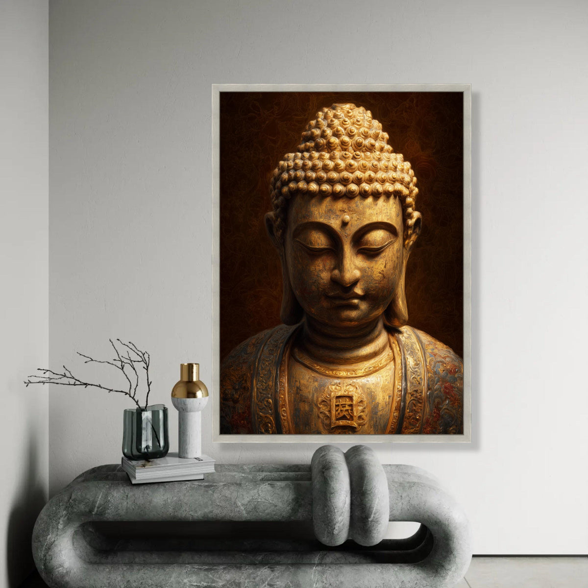 Golden Buddha Statue Canvas Wall Art, Asian Spiritual Decor, Meditation Art Print, Tranquil Zen Canvas, Sacred Ready To Hang Decoration