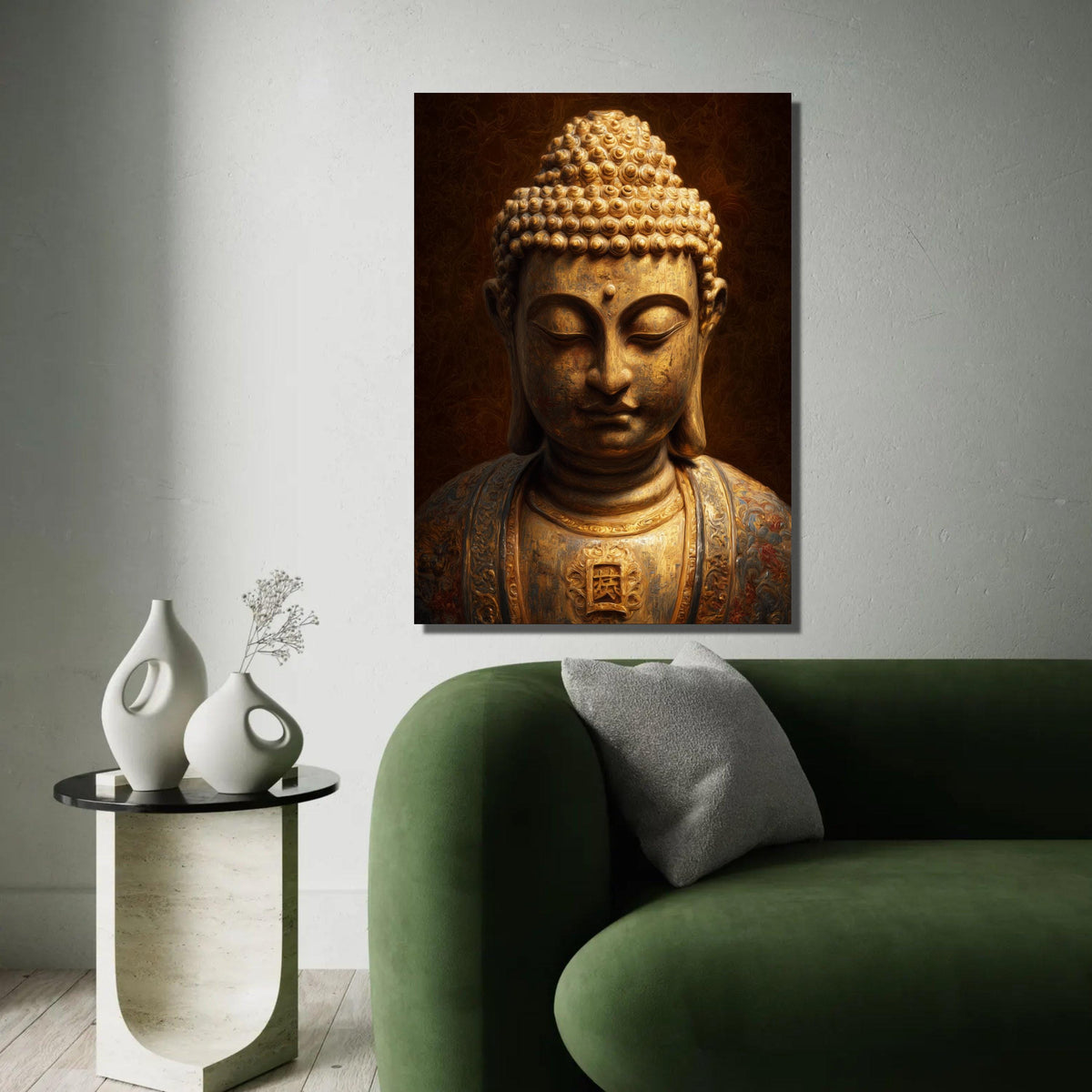 Golden Buddha Statue Canvas Wall Art, Asian Spiritual Decor, Meditation Art Print, Tranquil Zen Canvas, Sacred Ready To Hang Decoration