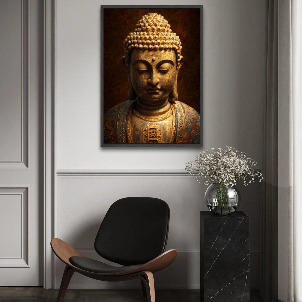 Golden Buddha Statue Canvas Wall Art, Asian Spiritual Decor, Meditation Art Print, Tranquil Zen Canvas, Sacred Ready To Hang Decoration