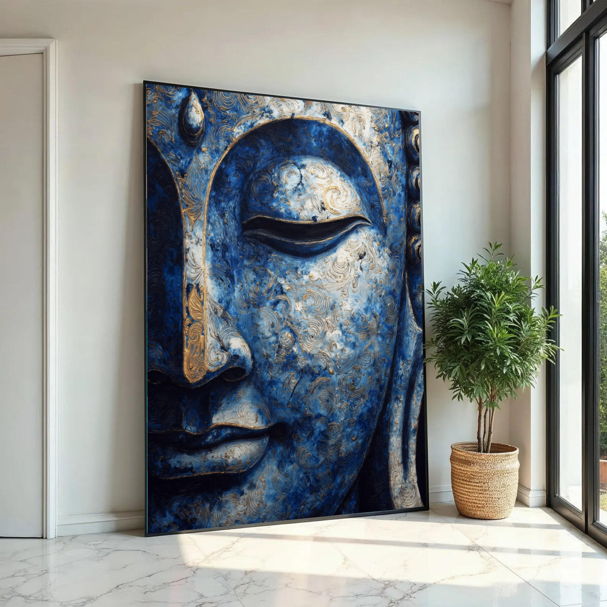 Serene Blue Buddha Face Canvas, Spiritual Wall Art, Meditation Decor, Abstract Buddhist Artwork, Zen Home Ready To Hang Decoration