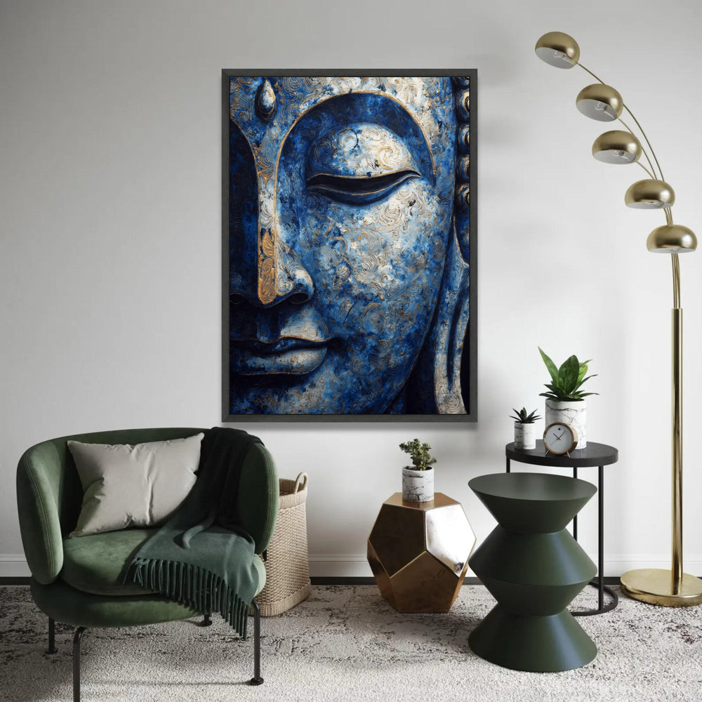 Serene Blue Buddha Face Canvas, Spiritual Wall Art, Meditation Decor, Abstract Buddhist Artwork, Zen Home Ready To Hang Decoration