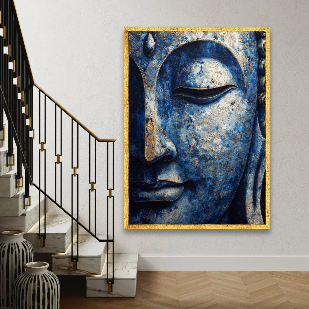 Serene Blue Buddha Face Canvas, Spiritual Wall Art, Meditation Decor, Abstract Buddhist Artwork, Zen Home Ready To Hang Decoration