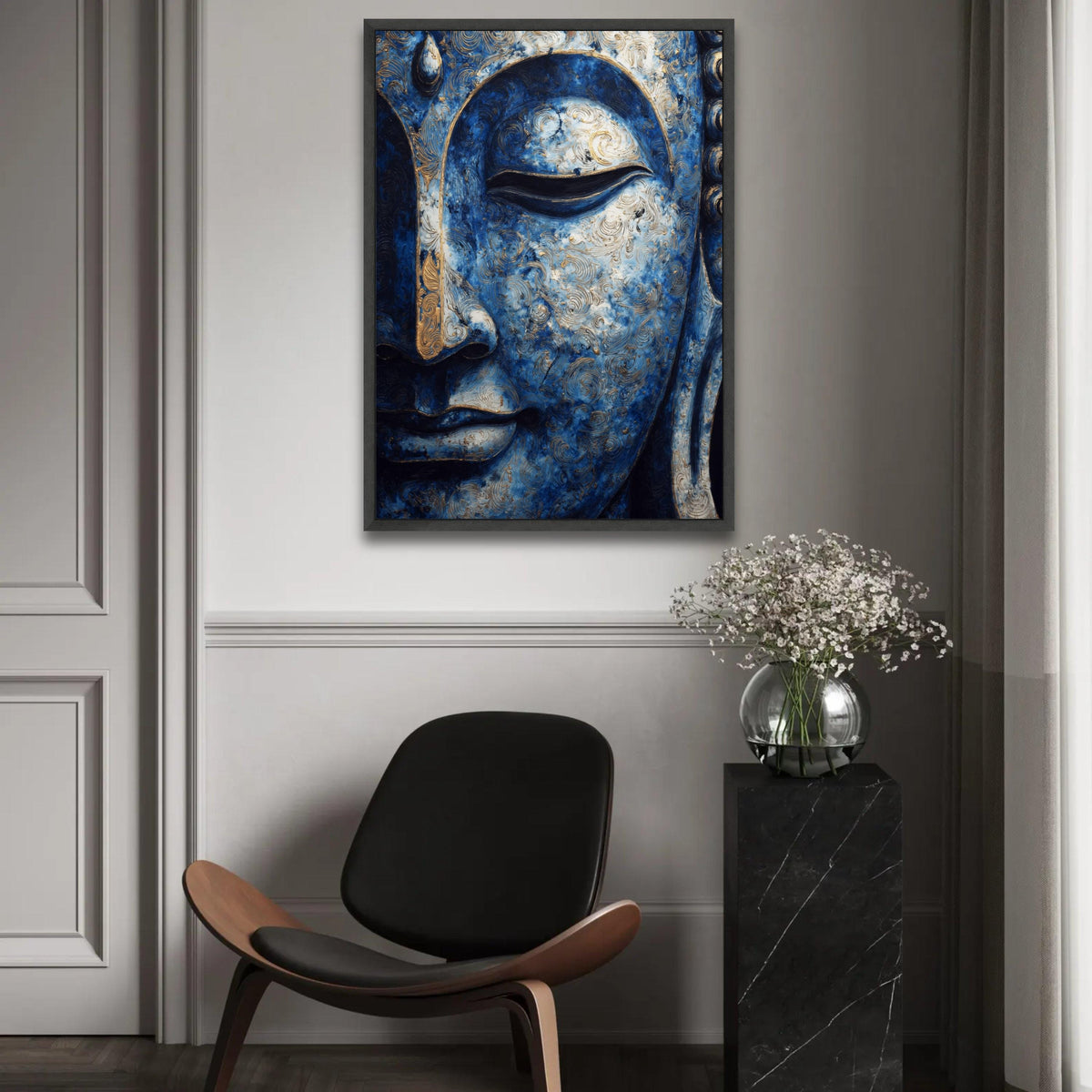 Serene Blue Buddha Face Canvas, Spiritual Wall Art, Meditation Decor, Abstract Buddhist Artwork, Zen Home Ready To Hang Decoration