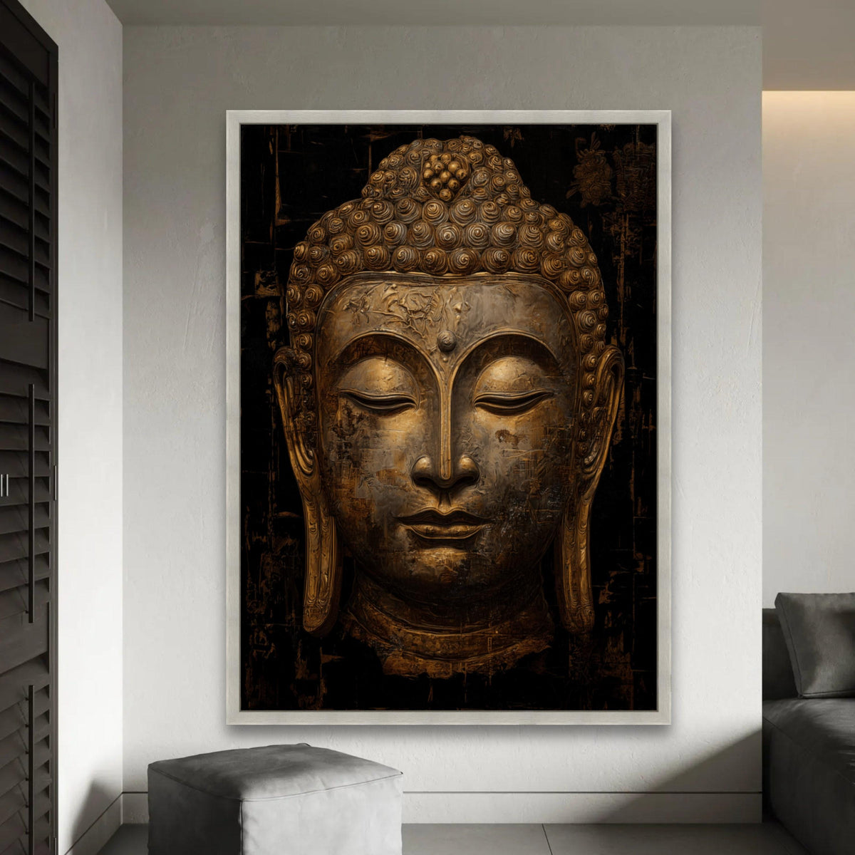 Serene Buddha Face Canvas Wall Art, Golden Meditation Decor, Spiritual Asian Wall Hanging, Tranquil Zen Home Ready To Hang Decoration
