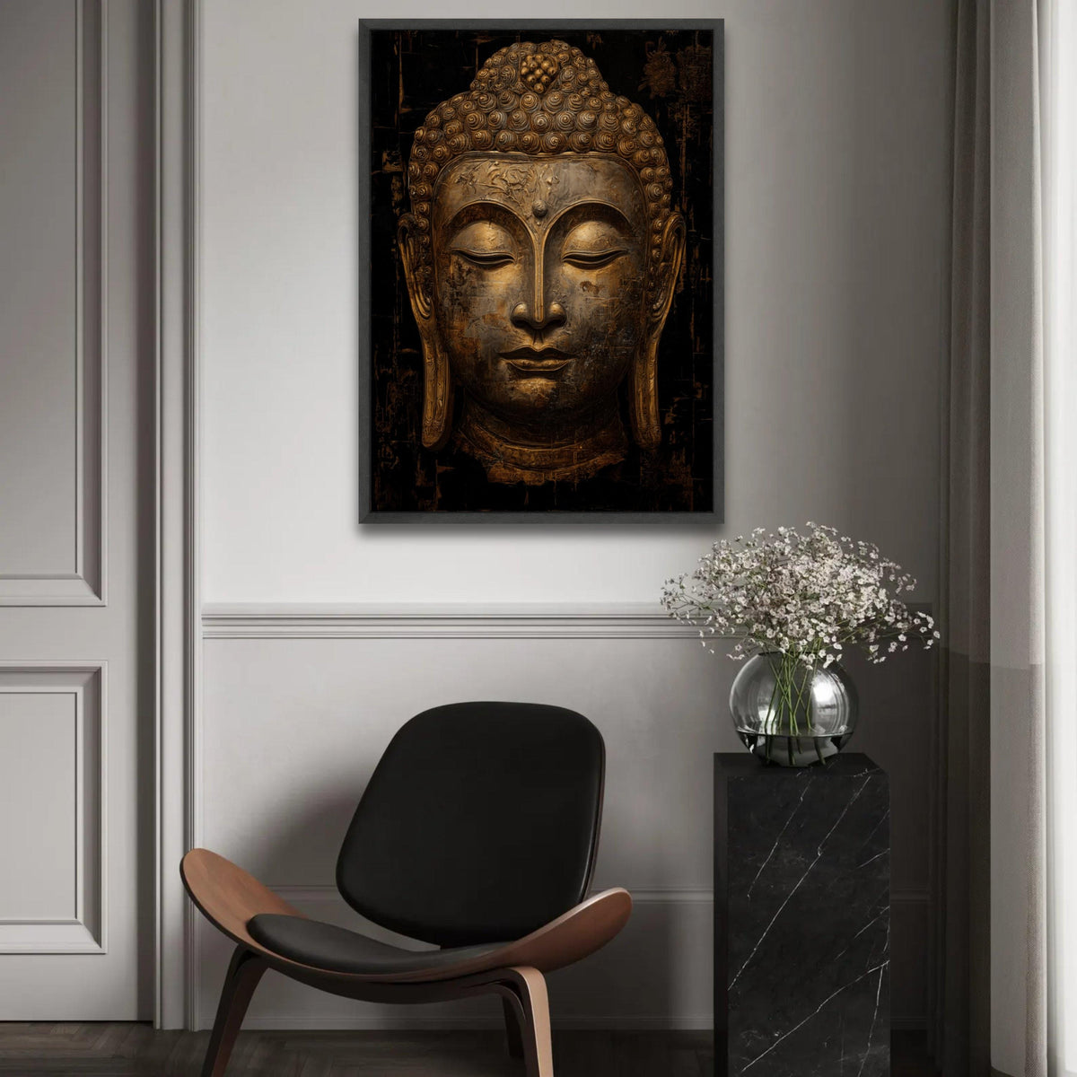 Serene Buddha Face Canvas Wall Art, Golden Meditation Decor, Spiritual Asian Wall Hanging, Tranquil Zen Home Ready To Hang Decoration