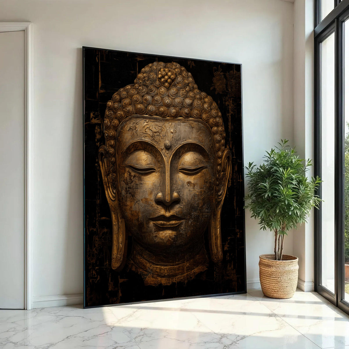 Serene Buddha Face Canvas Wall Art, Golden Meditation Decor, Spiritual Asian Wall Hanging, Tranquil Zen Home Ready To Hang Decoration