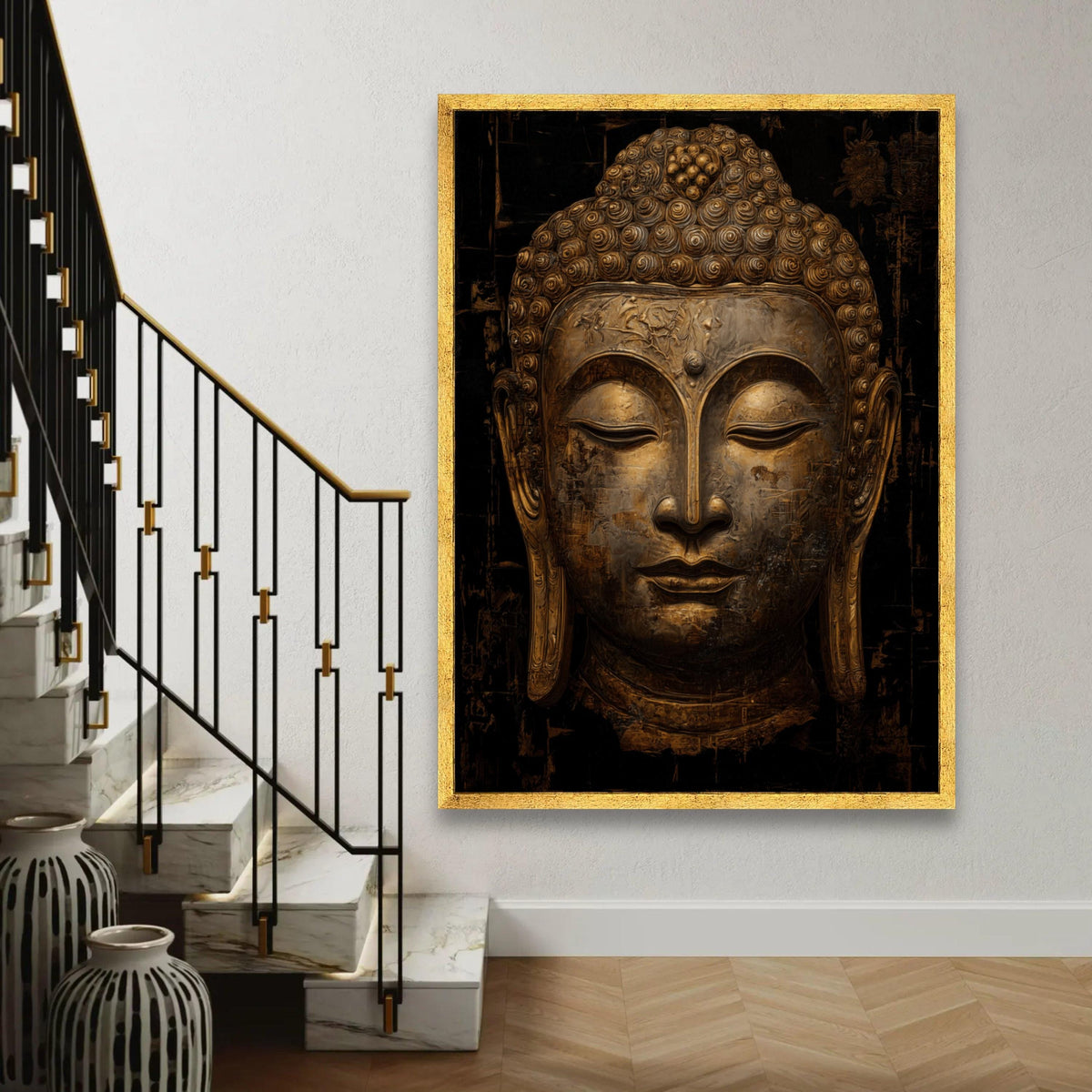 Serene Buddha Face Canvas Wall Art, Golden Meditation Decor, Spiritual Asian Wall Hanging, Tranquil Zen Home Ready To Hang Decoration