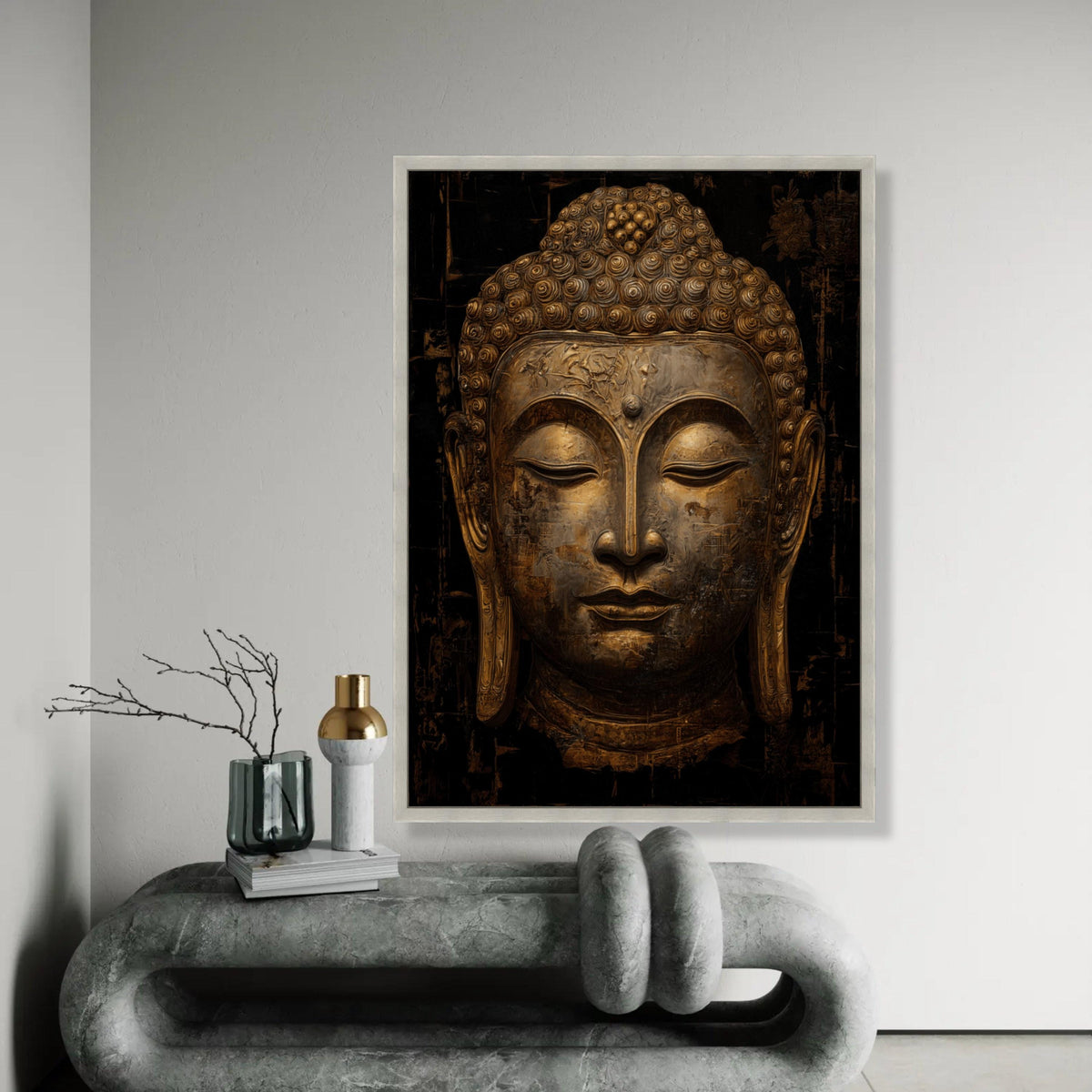 Serene Buddha Face Canvas Wall Art, Golden Meditation Decor, Spiritual Asian Wall Hanging, Tranquil Zen Home Ready To Hang Decoration