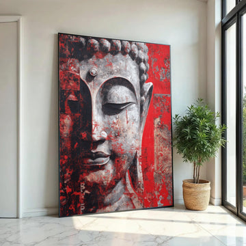 Tranquil Buddha Face Canvas, Red and Gray Abstract Wall Art, Spiritual Meditation Decor, Contemporary Zen Canvas Ready To Hang Decoration