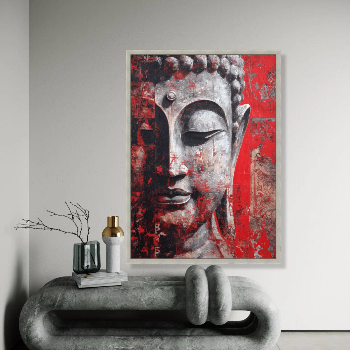 Tranquil Buddha Face Canvas, Red and Gray Abstract Wall Art, Spiritual Meditation Decor, Contemporary Zen Canvas Ready To Hang Decoration