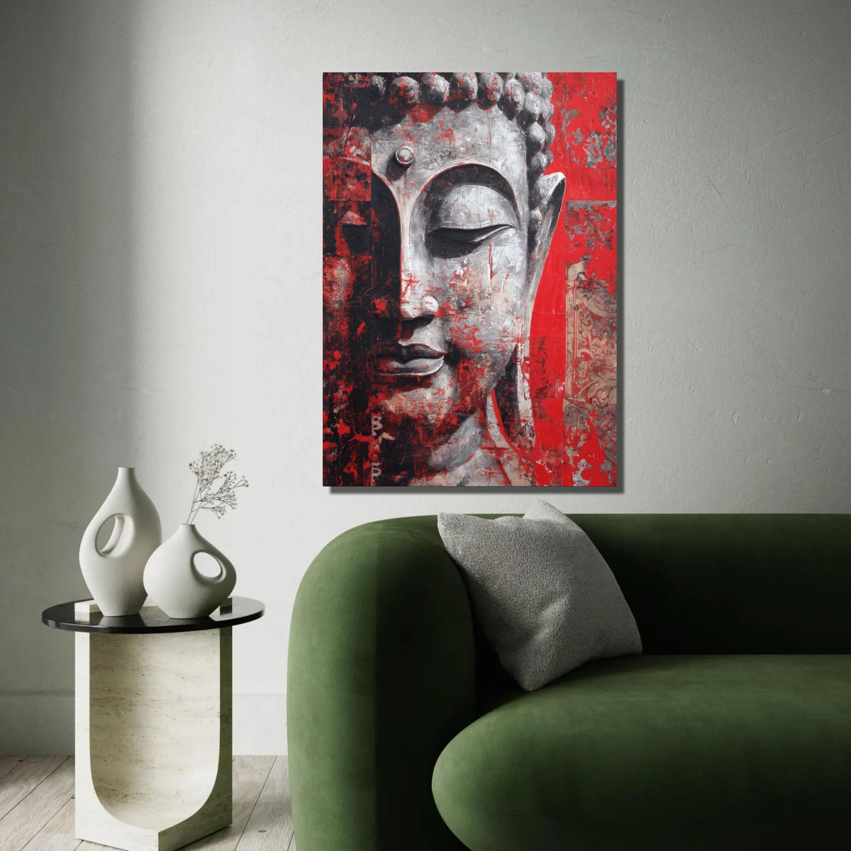 Tranquil Buddha Face Canvas, Red and Gray Abstract Wall Art, Spiritual Meditation Decor, Contemporary Zen Canvas Ready To Hang Decoration