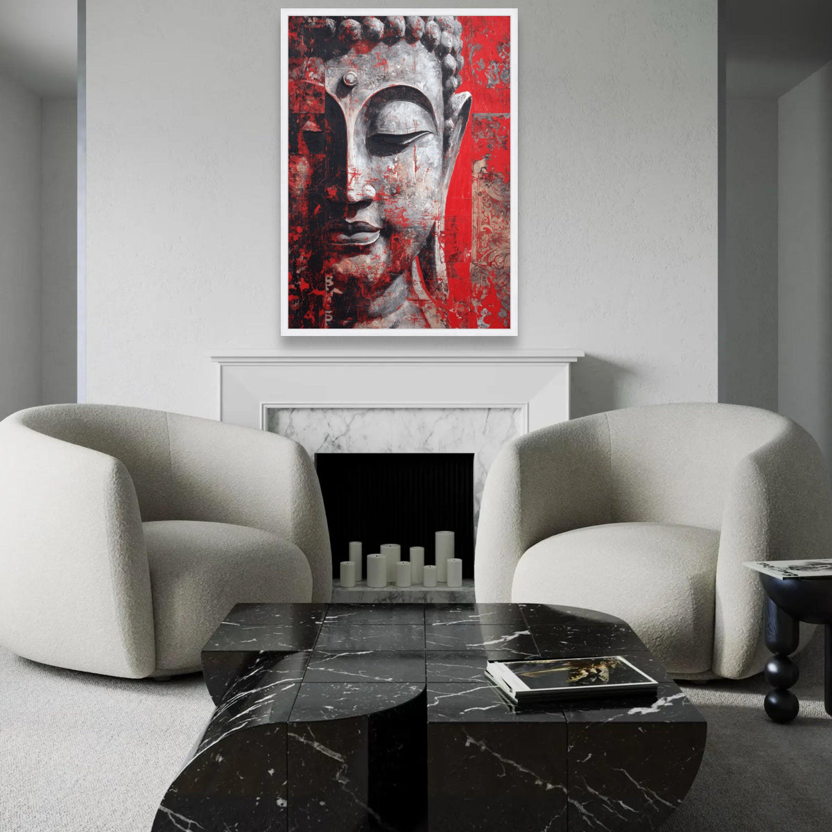 Tranquil Buddha Face Canvas, Red and Gray Abstract Wall Art, Spiritual Meditation Decor, Contemporary Zen Canvas Ready To Hang Decoration