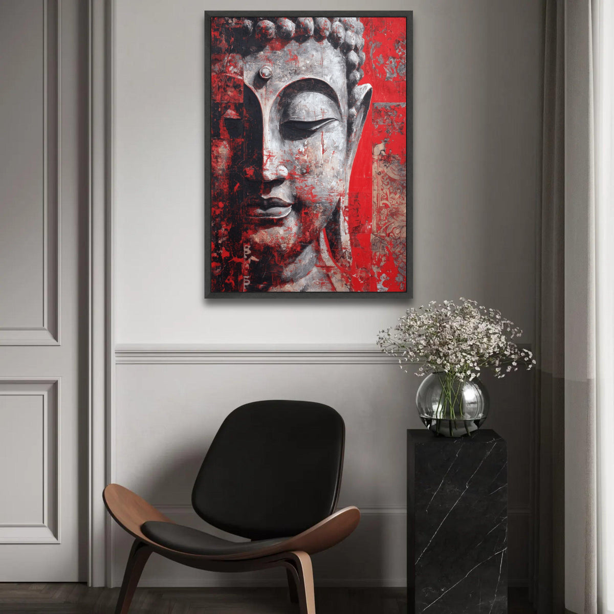 Tranquil Buddha Face Canvas, Red and Gray Abstract Wall Art, Spiritual Meditation Decor, Contemporary Zen Canvas Ready To Hang Decoration