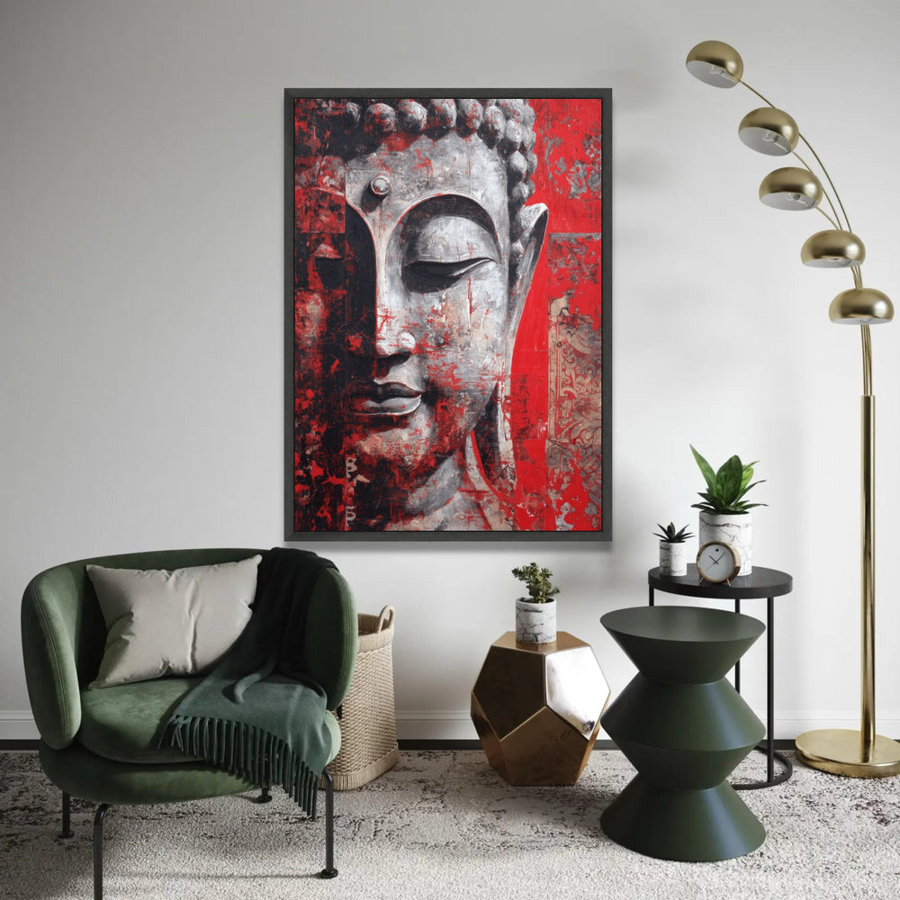 Tranquil Buddha Face Canvas, Red and Gray Abstract Wall Art, Spiritual Meditation Decor, Contemporary Zen Canvas Ready To Hang Decoration