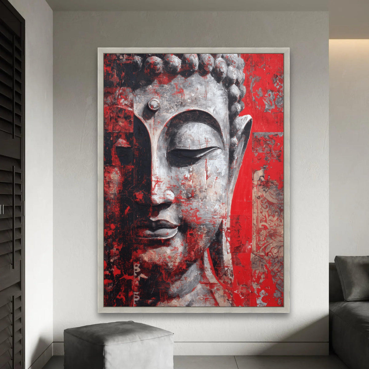 Tranquil Buddha Face Canvas, Red and Gray Abstract Wall Art, Spiritual Meditation Decor, Contemporary Zen Canvas Ready To Hang Decoration