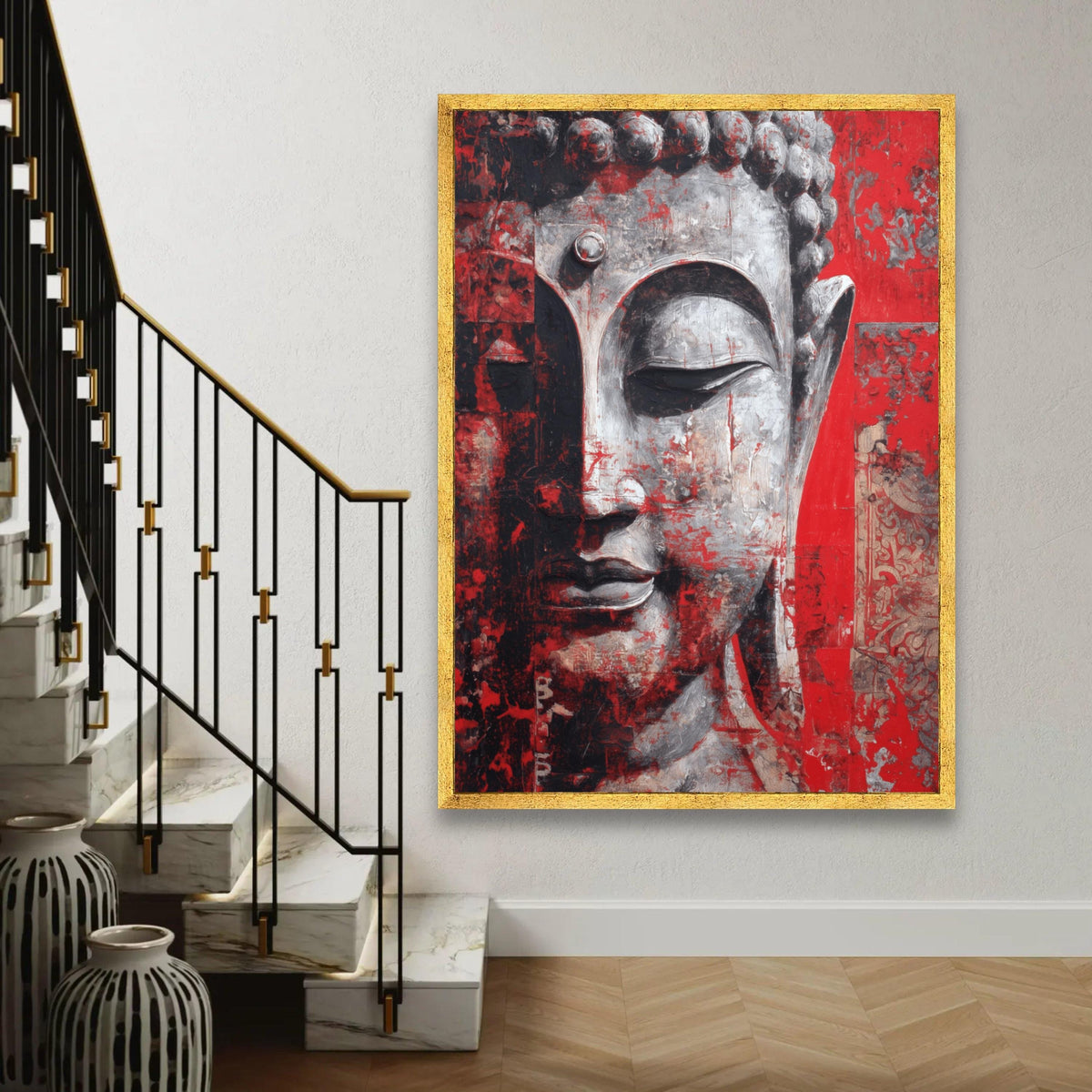 Tranquil Buddha Face Canvas, Red and Gray Abstract Wall Art, Spiritual Meditation Decor, Contemporary Zen Canvas Ready To Hang Decoration