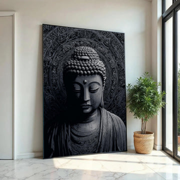 Tranquil Buddha Face Canvas Wall Art, Spiritual Meditation Decor, Zen Buddhist Statue Canvas, Black and Gray Art Ready To Hang Decoration