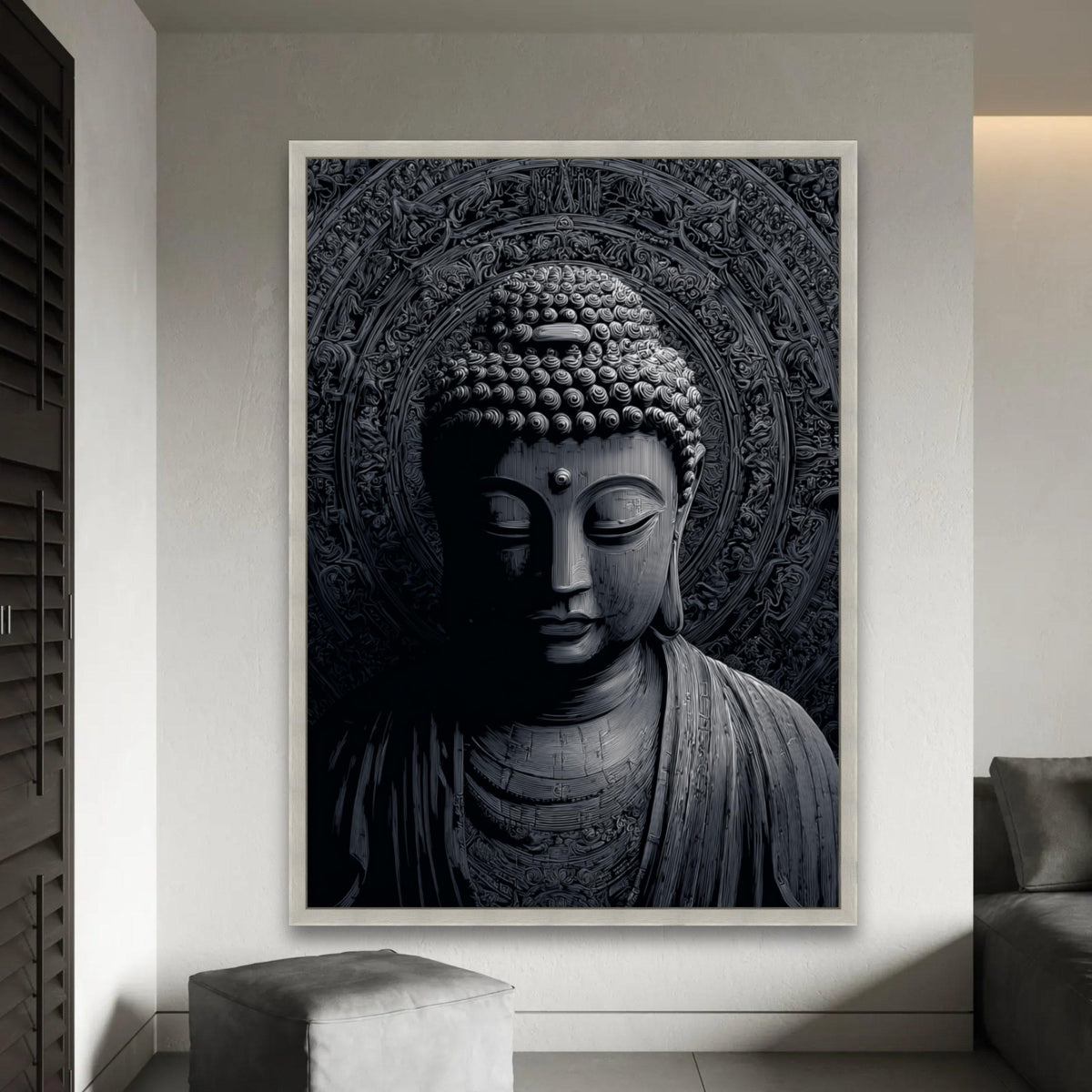 Tranquil Buddha Face Canvas Wall Art, Spiritual Meditation Decor, Zen Buddhist Statue Canvas, Black and Gray Art Ready To Hang Decoration