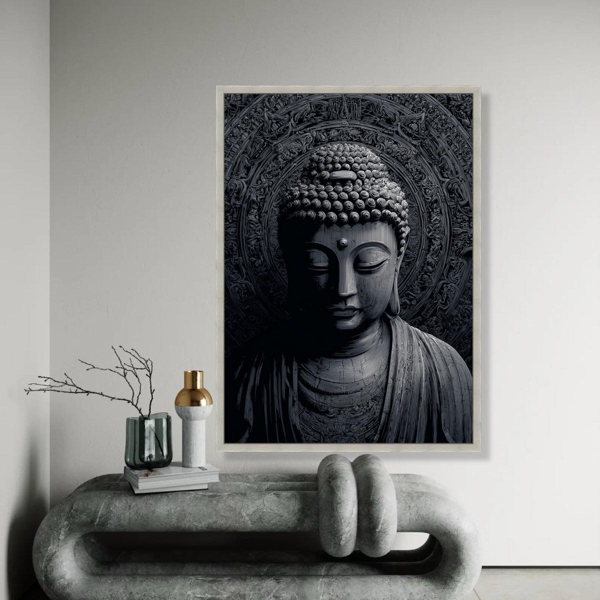 Tranquil Buddha Face Canvas Wall Art, Spiritual Meditation Decor, Zen Buddhist Statue Canvas, Black and Gray Art Ready To Hang Decoration