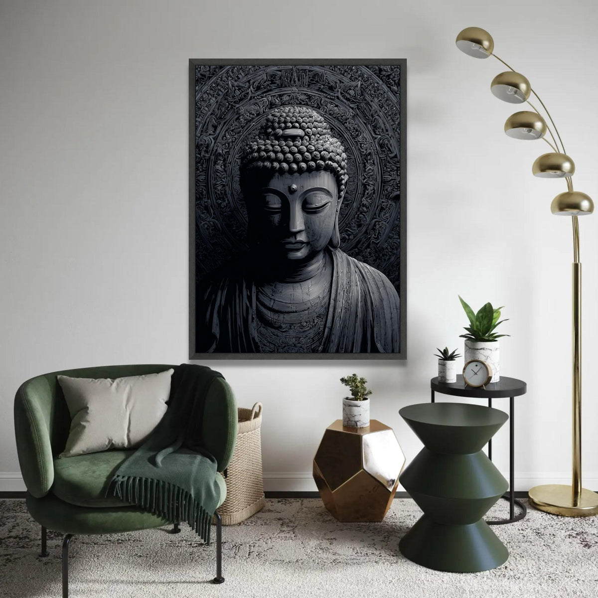 Tranquil Buddha Face Canvas Wall Art, Spiritual Meditation Decor, Zen Buddhist Statue Canvas, Black and Gray Art Ready To Hang Decoration