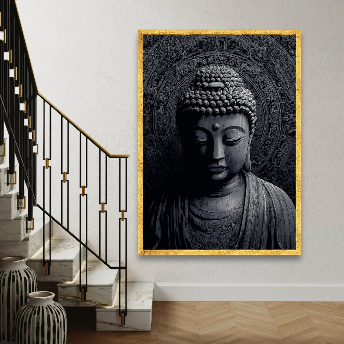 Tranquil Buddha Face Canvas Wall Art, Spiritual Meditation Decor, Zen Buddhist Statue Canvas, Black and Gray Art Ready To Hang Decoration