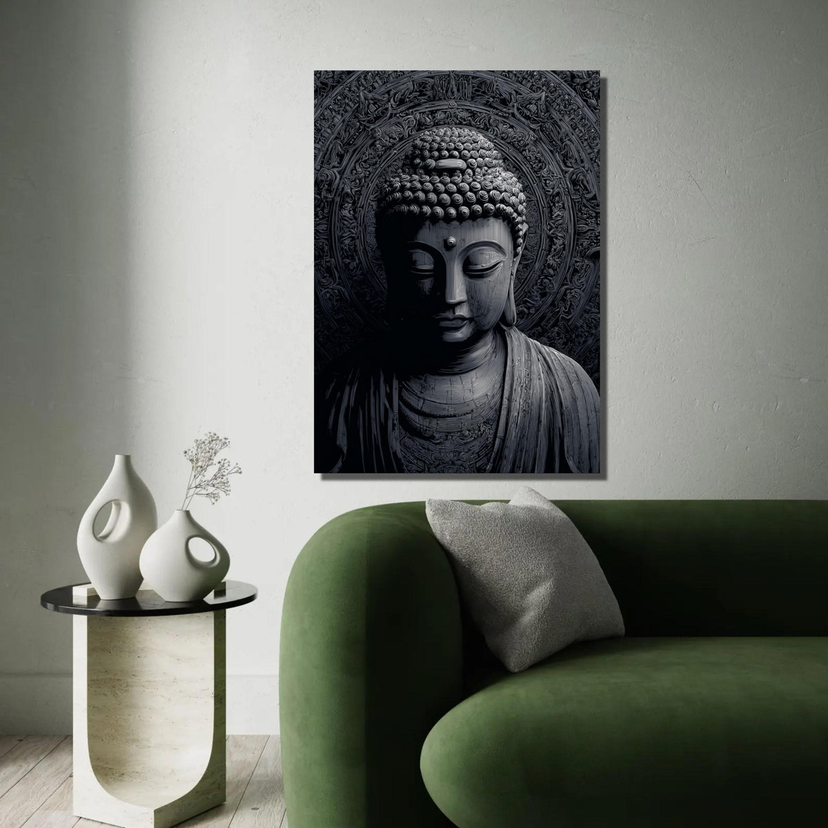 Tranquil Buddha Face Canvas Wall Art, Spiritual Meditation Decor, Zen Buddhist Statue Canvas, Black and Gray Art Ready To Hang Decoration