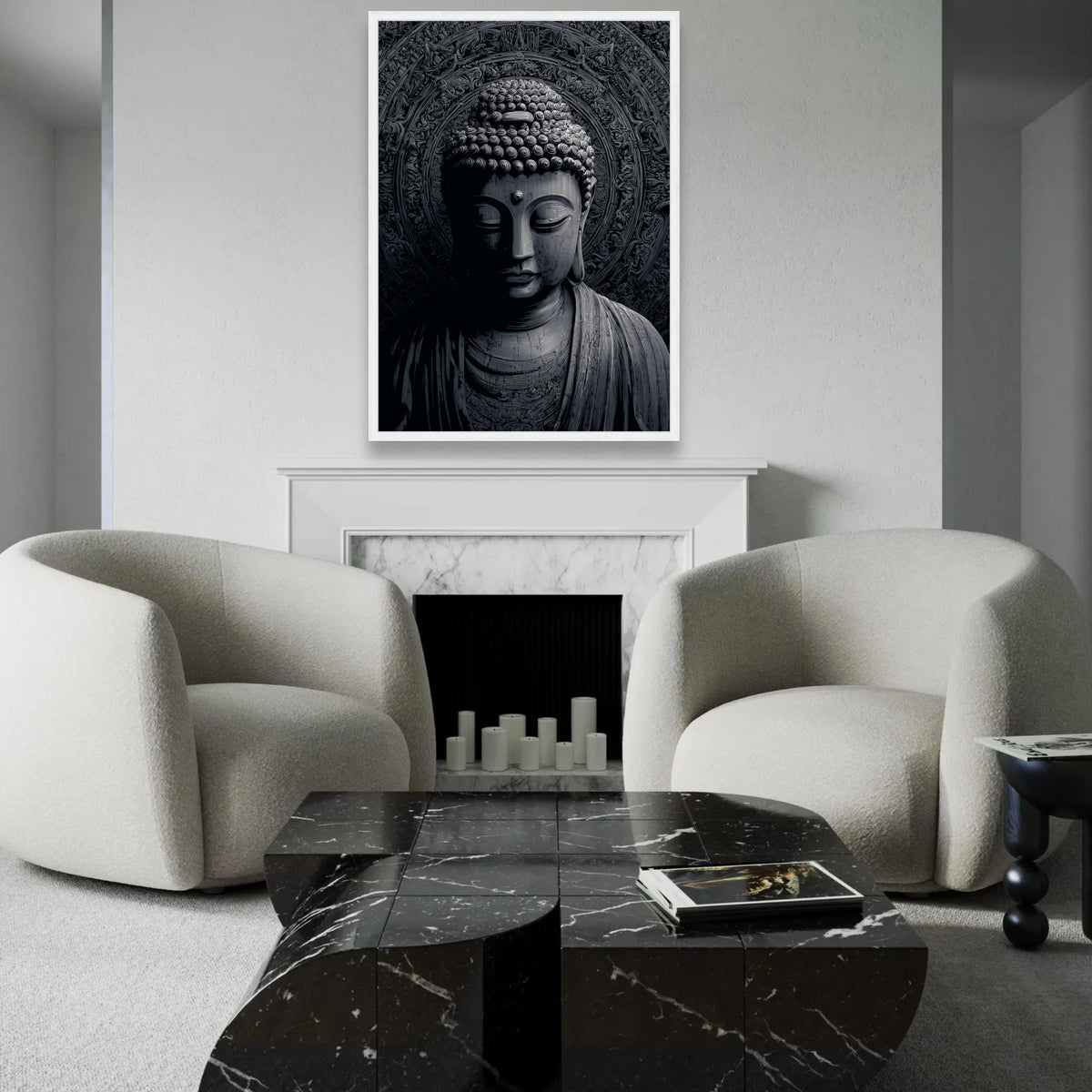 Tranquil Buddha Face Canvas Wall Art, Spiritual Meditation Decor, Zen Buddhist Statue Canvas, Black and Gray Art Ready To Hang Decoration