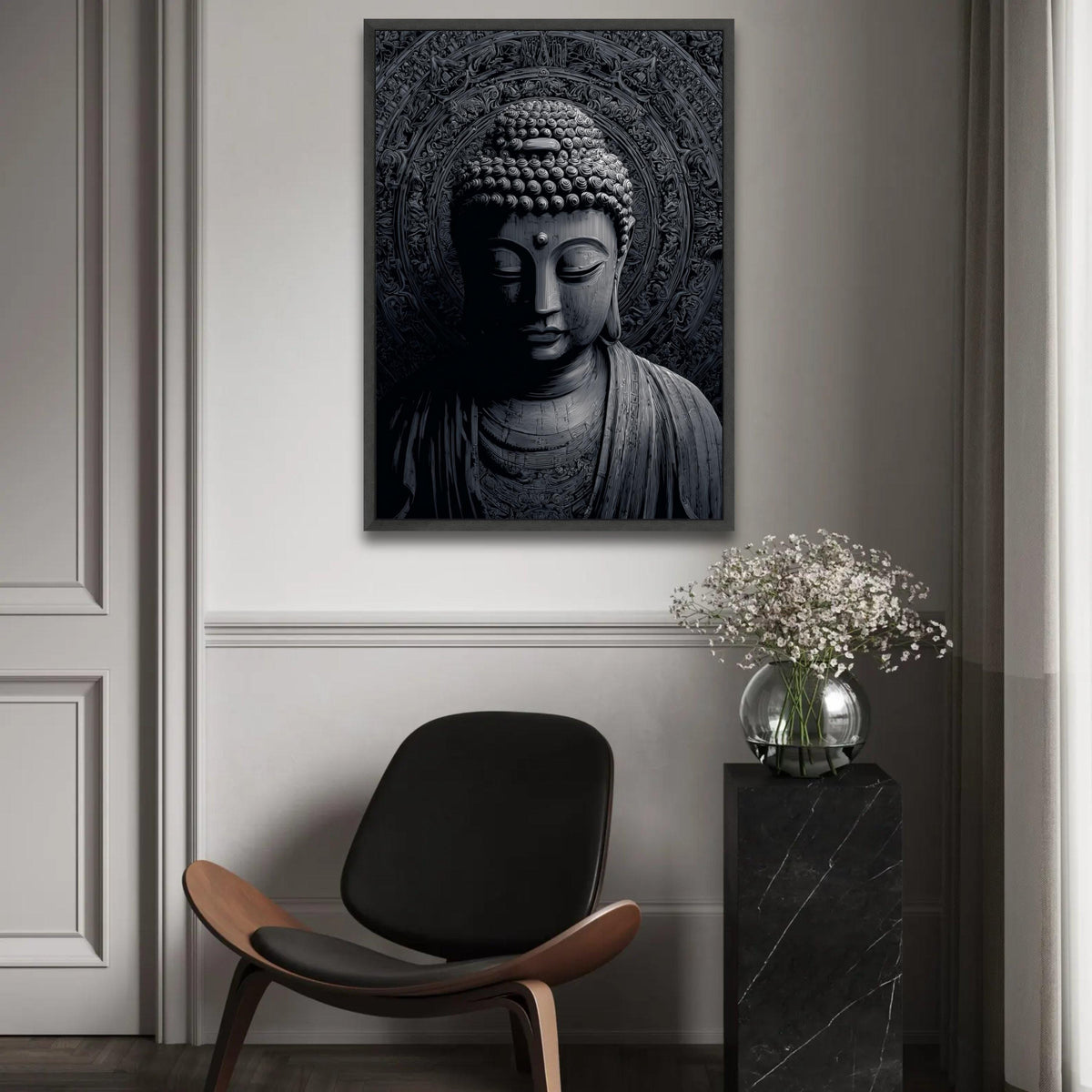 Tranquil Buddha Face Canvas Wall Art, Spiritual Meditation Decor, Zen Buddhist Statue Canvas, Black and Gray Art Ready To Hang Decoration