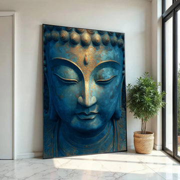 Serene Buddha Face Canvas Wall Art, Blue and Gold Meditation Decor, Spiritual Zen Canvas, Tranquil Home Decoration, Ready To Hang Decoration